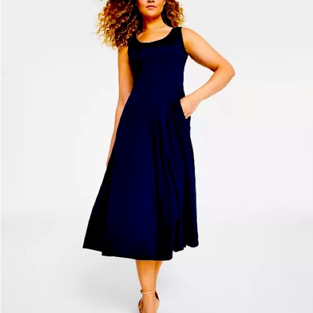🆕 MSK Elegant Navy Blue Fit and Flare Tank Dress NEW has POCKETS! Sz S